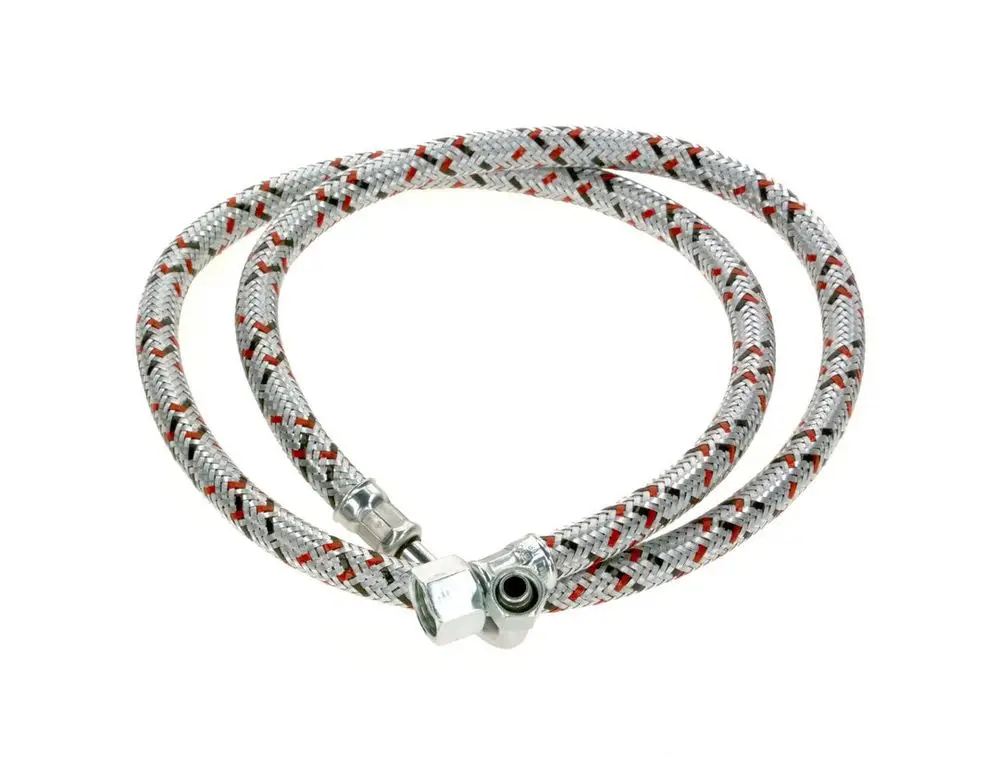 Zwei flexible Ölschläuche mit silberner Umwicklung und Metallanschlüssen. Die Schläuche sind für den Anschluss von Ölbrennern geeignet und tragen die Marke Bosch.